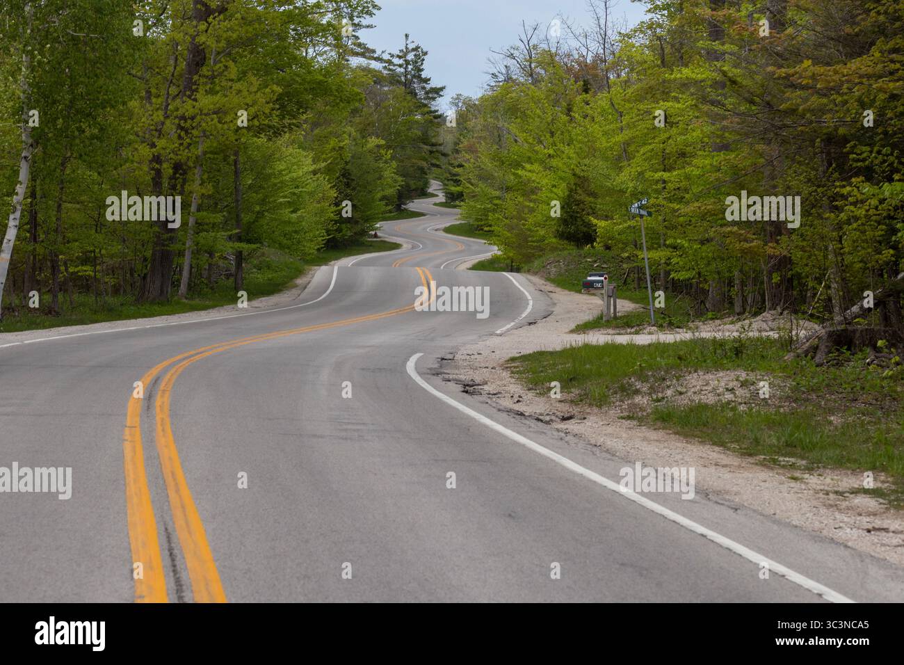 L'autostrada 42 vicino a Northport è una strada tortuosa nella contea di Door, Wisconsin, con 15 curve a serpentina che conducono al molo dei traghetti dell'isola di Washington. Foto Stock