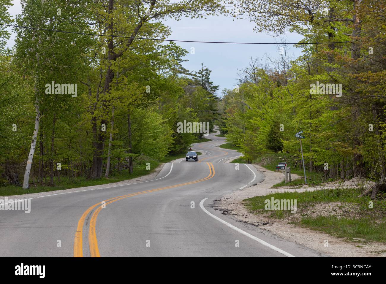 L'autostrada 42 vicino a Northport è una strada tortuosa nella contea di Door, Wisconsin, con 15 curve a serpentina che conducono al molo dei traghetti dell'isola di Washington. Foto Stock