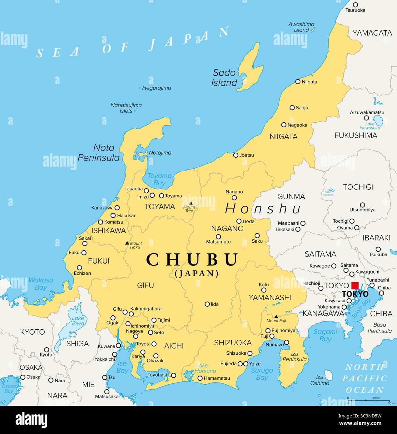 Chubu, regione del Giappone, mappa politica. Nota anche come regione centrale o Giappone centrale, una regione al centro dell'isola principale di Honshu. Foto Stock