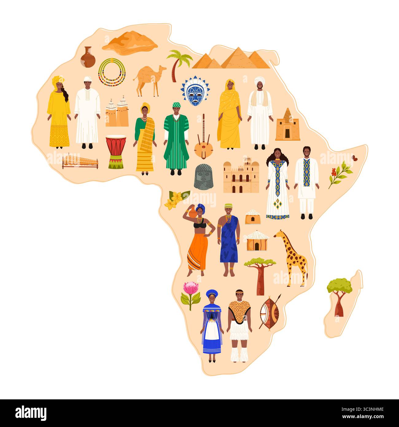 Mappa dell'Africa che mostra culture diverse, abbigliamento tradizionale e monumenti iconici. Rappresentazione del patrimonio e dei simboli africani, illustrazione vettoriale. Illustrazione Vettoriale