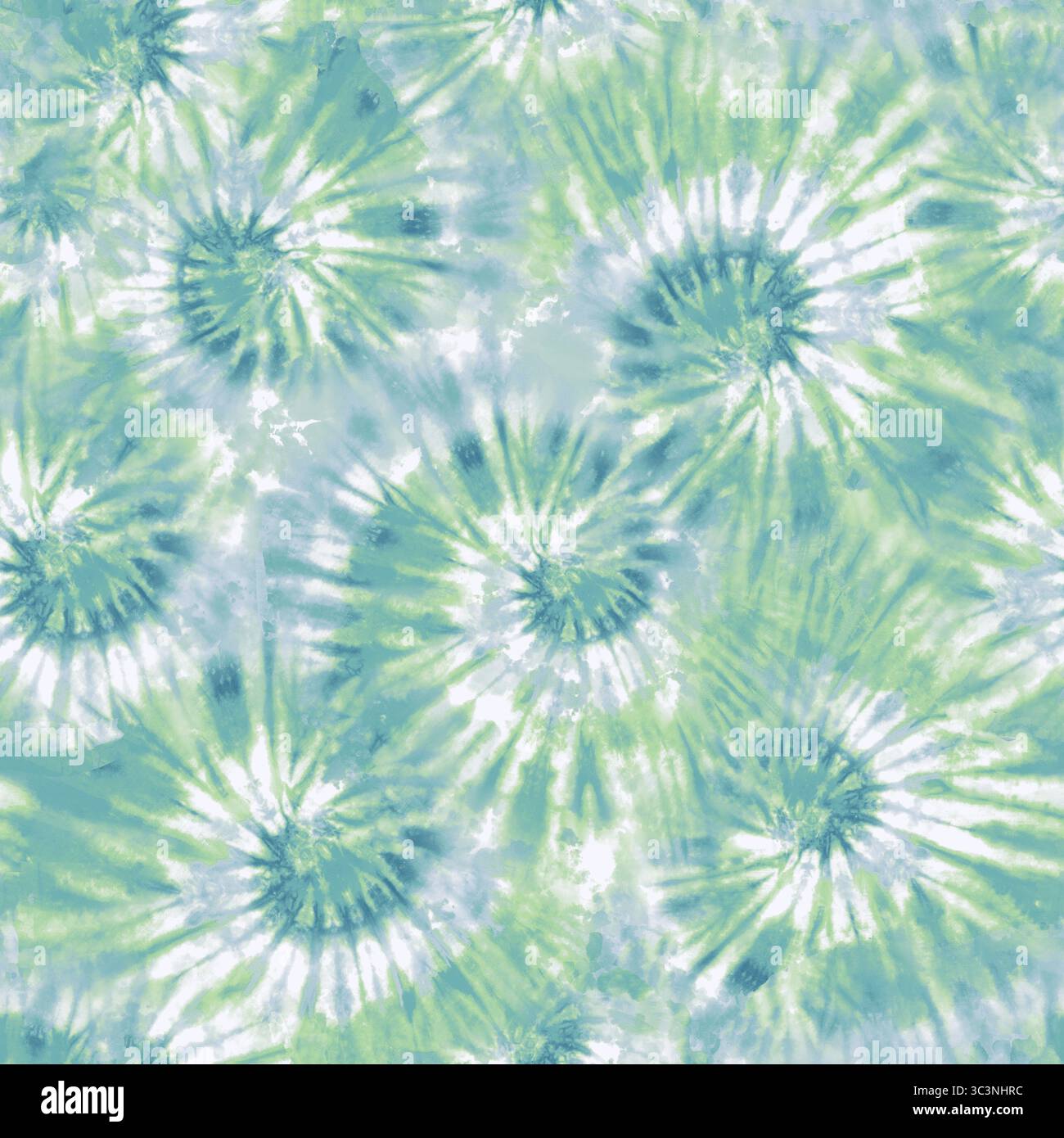 Un vivace motivo a stella presenta spirali in tonalità di verde, blu e bianco Foto Stock