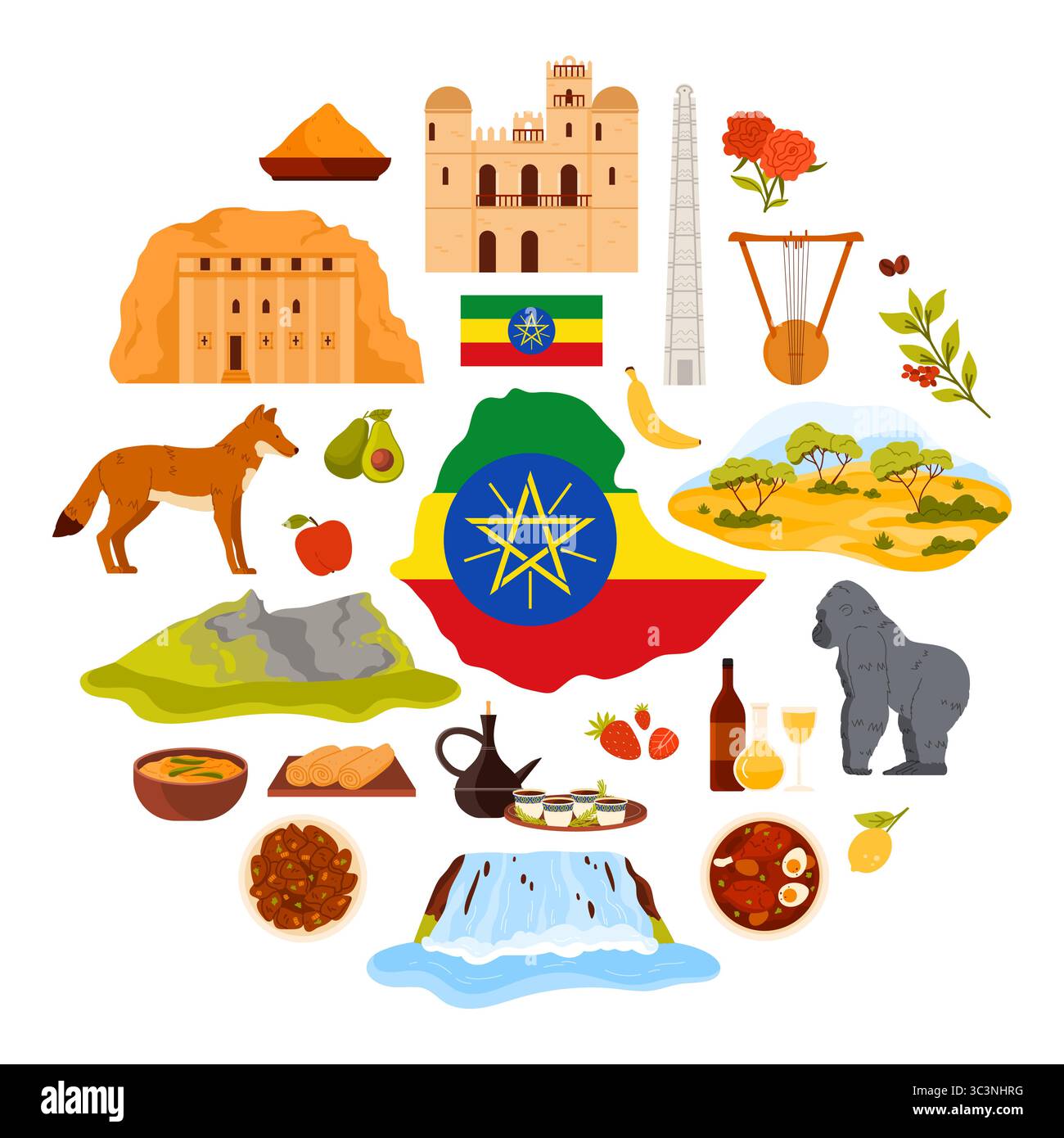 Paesaggi di cascate, savana e montagne illustrazioni vettoriali. Elementi culturali etiopi e punti di riferimento dell'Etiopia, caffè, miele, vino e cibo in un banner infografico rotondo con titolo. Illustrazione Vettoriale