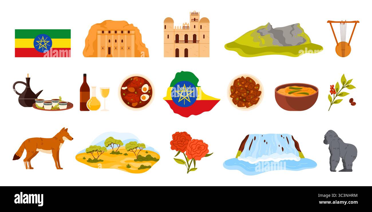 Set di luoghi di interesse per viaggi in Etiopia, attrazioni turistiche e elementi culturali etiopi, cibo del paese africano. Chiesa di San Giorgio a Lalibela, fortezza di Fasil Ghebbi illustrazione vettoriale dei cartoni animati Illustrazione Vettoriale