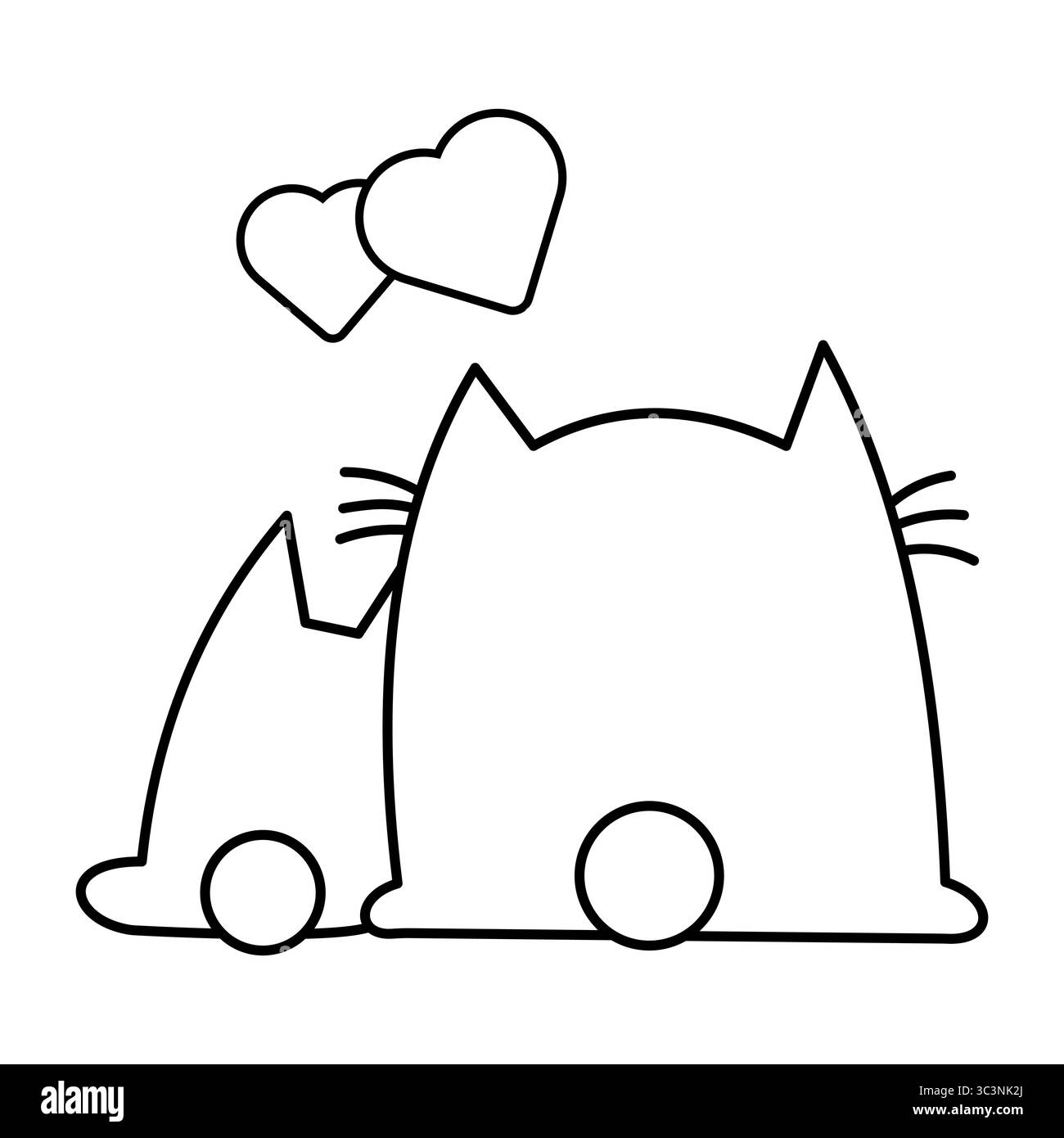 Illustrazione vettoriale dei gatti innamorati di cuori. Una semplice illustrazione vettoriale in bianco e nero con due gatti stilizzati seduti vicini. Illustrazione Vettoriale