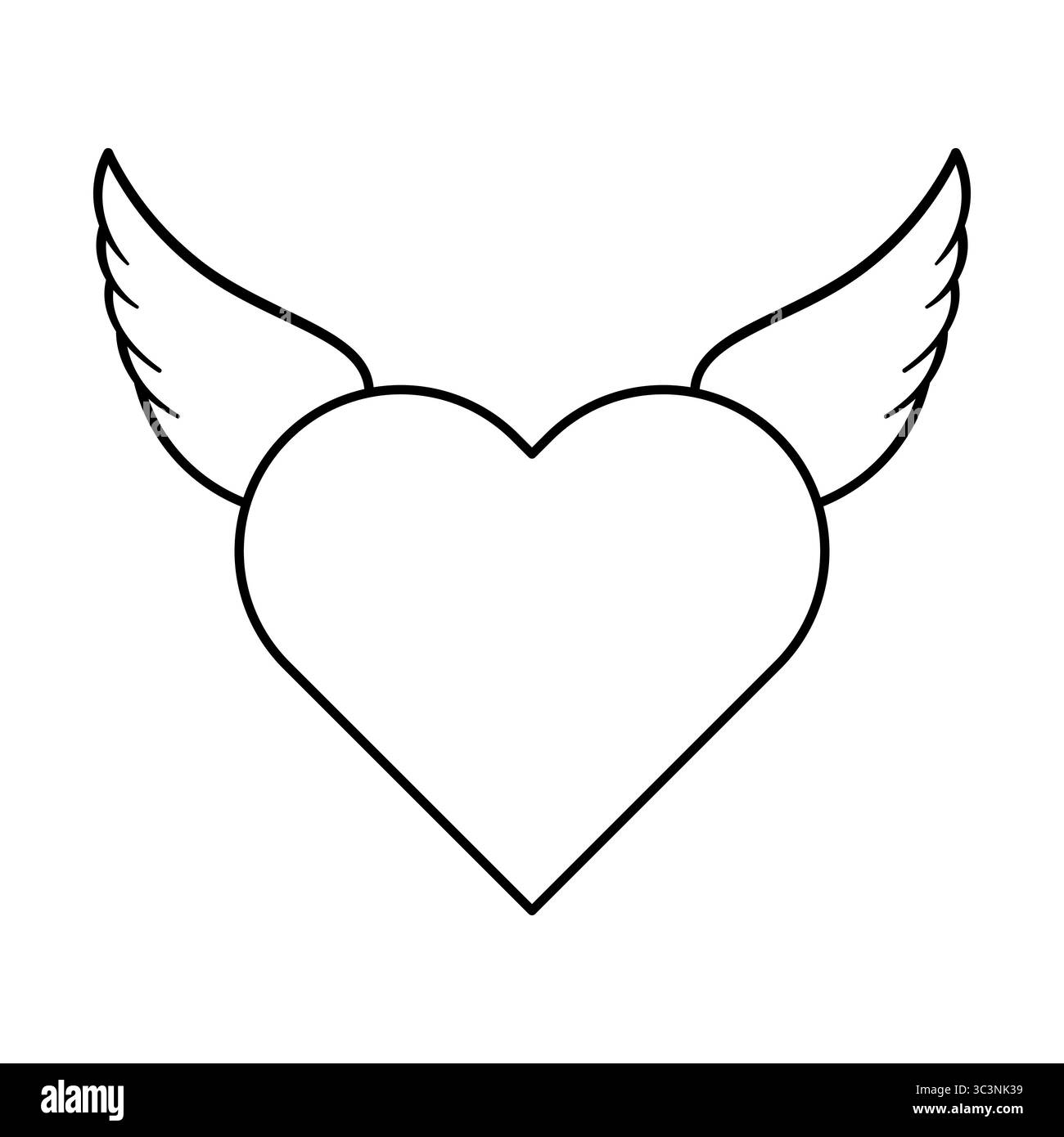 Illustrazione del vettore cuore con Angel Wings. Il cuore è centrato e delineato, affiancato simmetricamente da ali stilizzate e sfumate che si estendono verso l'esterno. Illustrazione Vettoriale