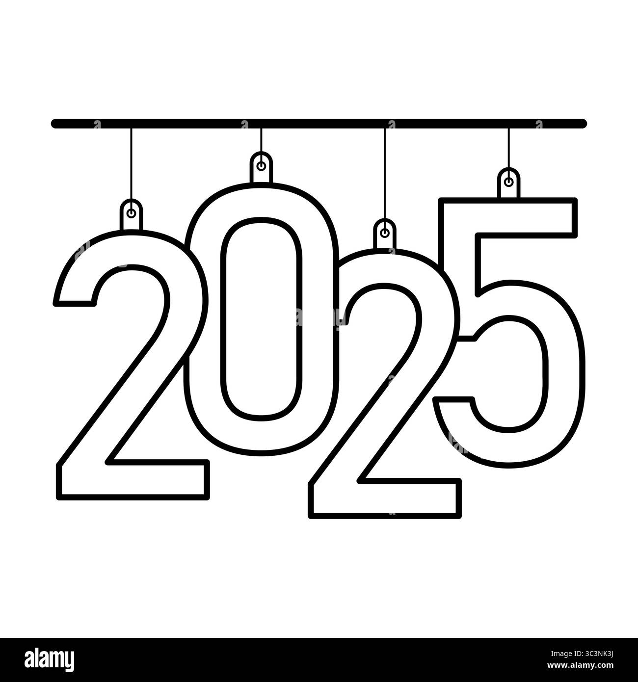 2025 illustrazione vettoriale dei numeri di visualizzazione. Questa illustrazione vettoriale mostra l'anno 2025 come numeri in grassetto e delineati sospesi da una barra orizzontale. Illustrazione Vettoriale