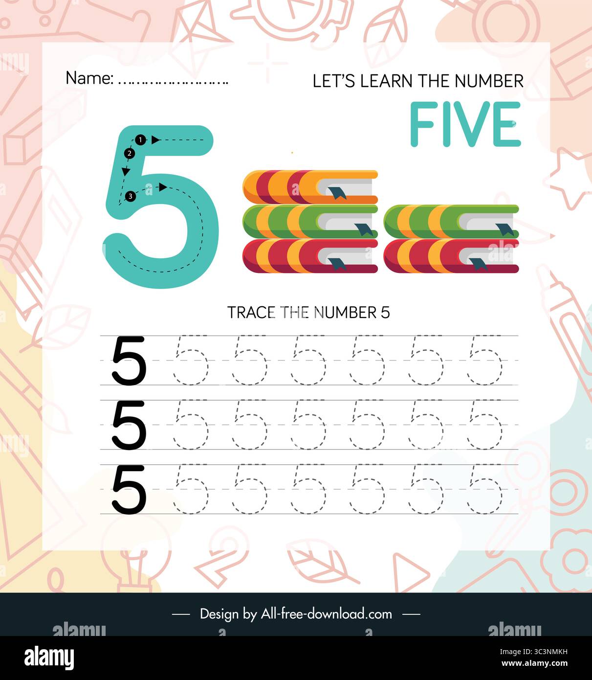 Numero cinque Foglio di esercitazione su tracciamento e scrittura per i bambini Impara a tracciare Scrivi e riconoscere il numero 5 con contorni grandi e puntini guidati Illustrazione Vettoriale