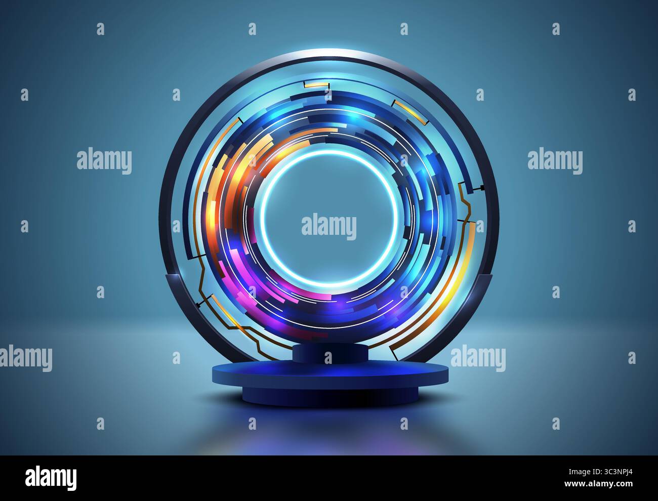 Podio blu 3d rotondo astratto con tecnologia cerchio anelli di preriscaldamento sullo sfondo. Effetto luce blu viola. Prodotto di mockup con sfondo blu vettoriale Illustrazione Vettoriale
