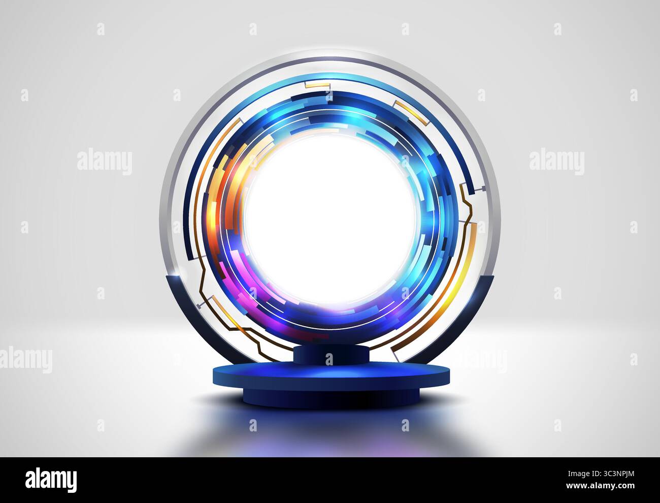 Podio blu 3d rotondo astratto con tecnologia cerchio anelli di preriscaldamento sullo sfondo. Effetto luce blu viola. Prodotto di mockup con sfondo bianco vettoriale Illustrazione Vettoriale