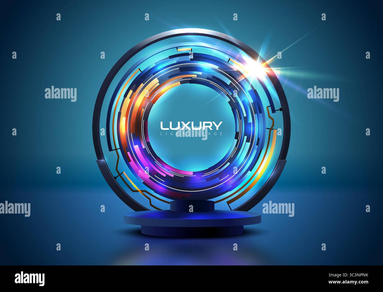 Podio blu 3d rotondo astratto con tecnologia cerchio anelli di preriscaldamento sullo sfondo. Effetto luce blu viola. Prodotto di mockup con sfondo blu vettoriale Illustrazione Vettoriale