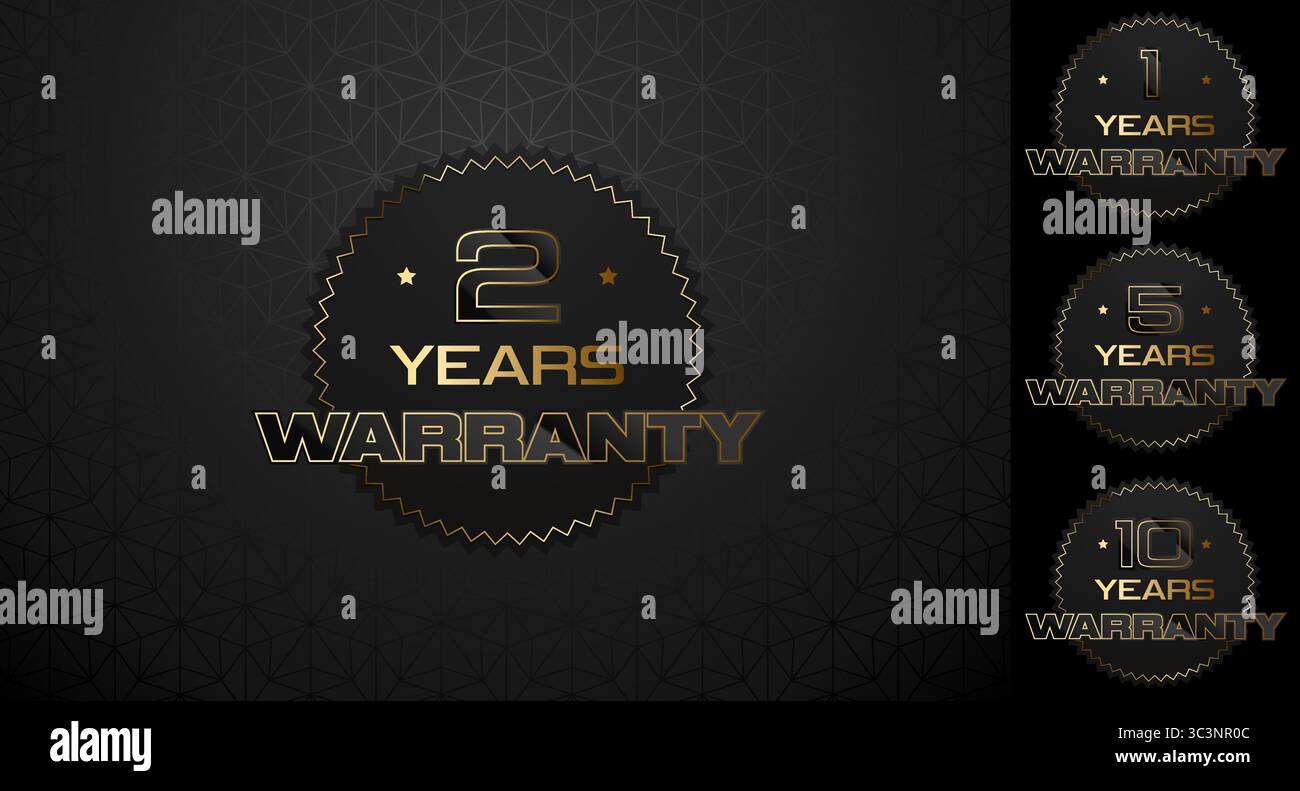 Set di timbri etichetta garanzia, collezione di patch di lusso da uno, due, cinque, dieci anni in oro nero. Logo oro garantito con etichetta con sigillo nero e oro Illustrazione Vettoriale