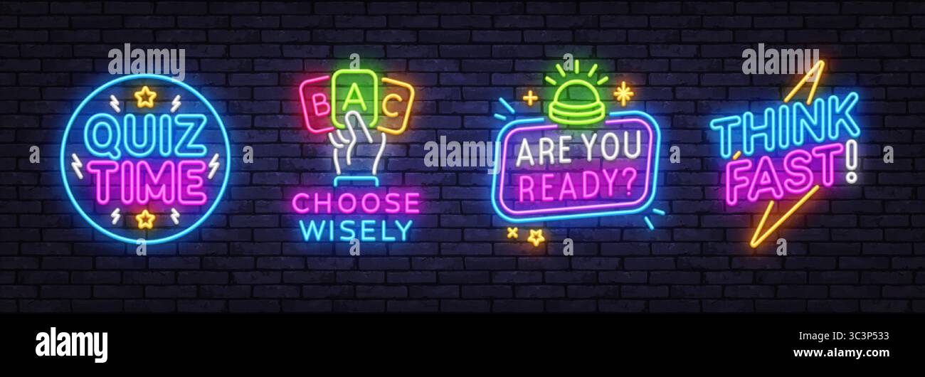 Vivaci insegne al neon con divertenti frasi quiz. Tempo del quiz, scegli con saggezza, sei pronto, pensa velocemente. Brillanti illustrazioni vettoriali a tema di gioco su un mattone Illustrazione Vettoriale