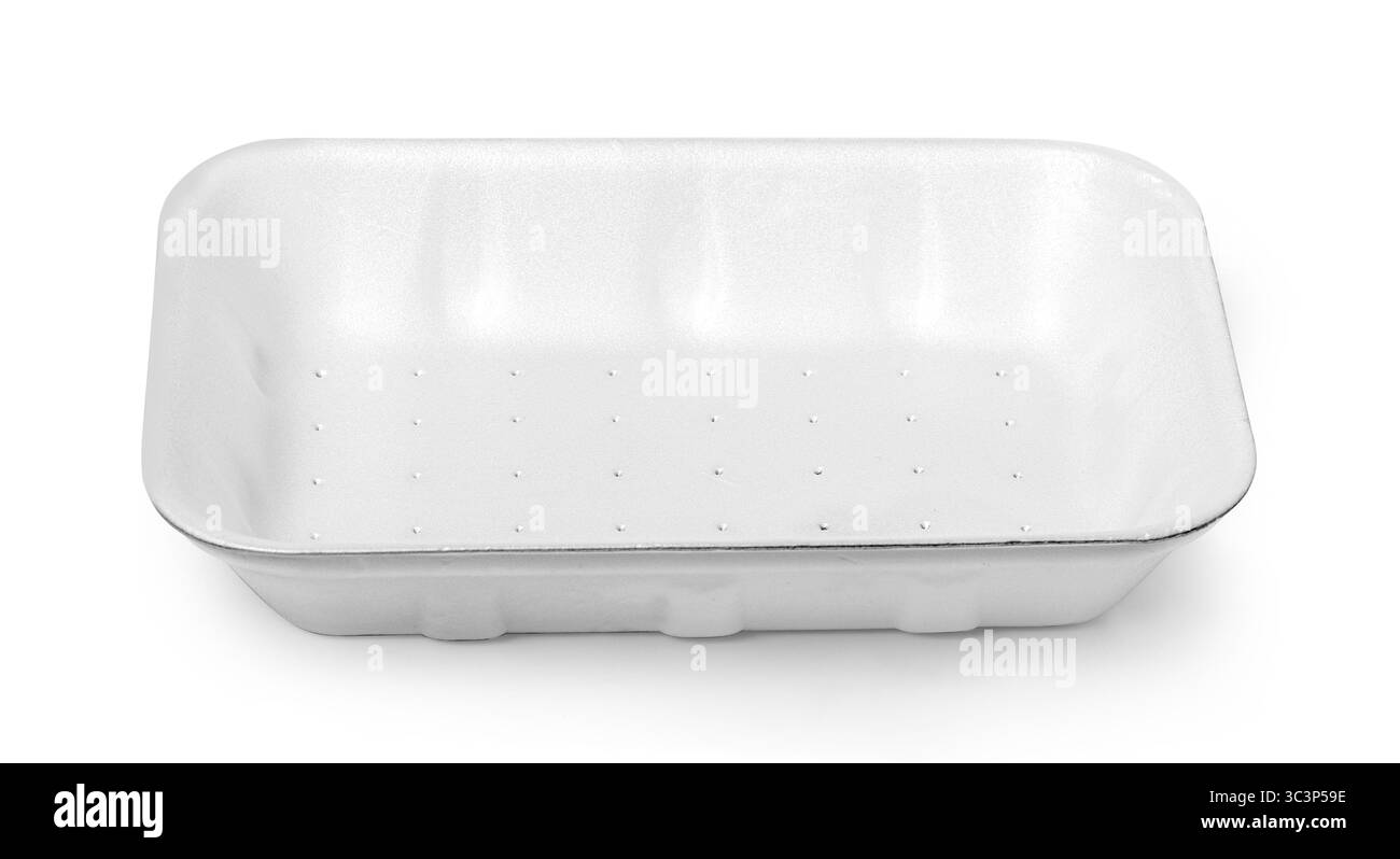 Vassoio rettangolare in polistirolo per il confezionamento degli alimenti, perfetto per mostrare le tue creazioni culinarie Foto Stock