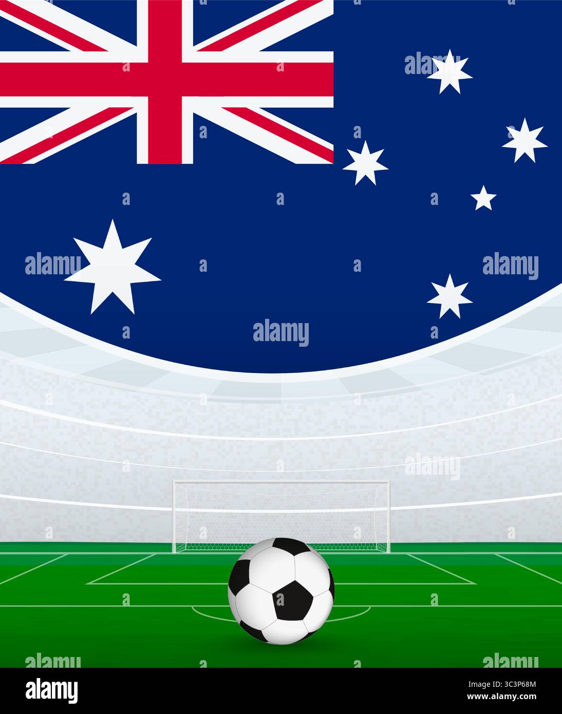 Tema del football nazionale australiano, stadio e pallone da calcio. Concetto di partita di calcio in Australia. Ideale per l'uso in promozioni di eventi sportivi, calcio Illustrazione Vettoriale