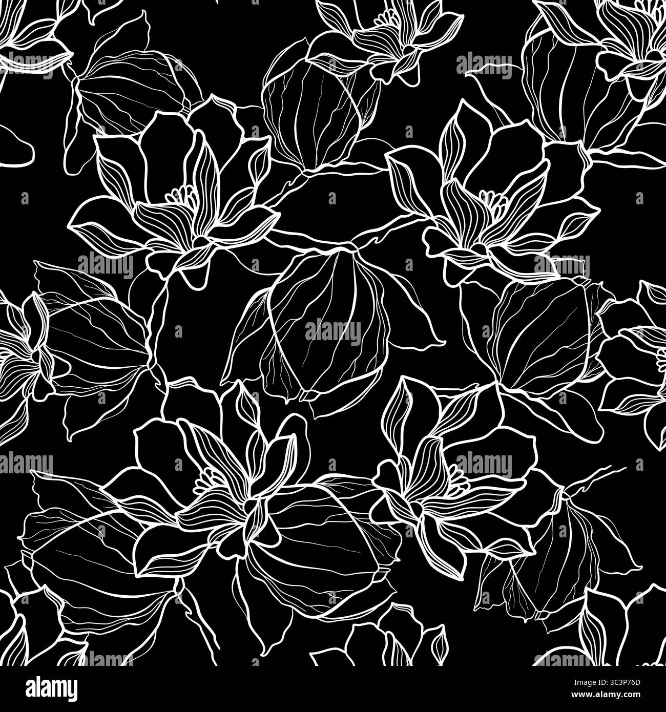 Fiori di Magnolia in stile doodle motivo floreale senza cuciture, illustrazione vettoriale Illustrazione Vettoriale