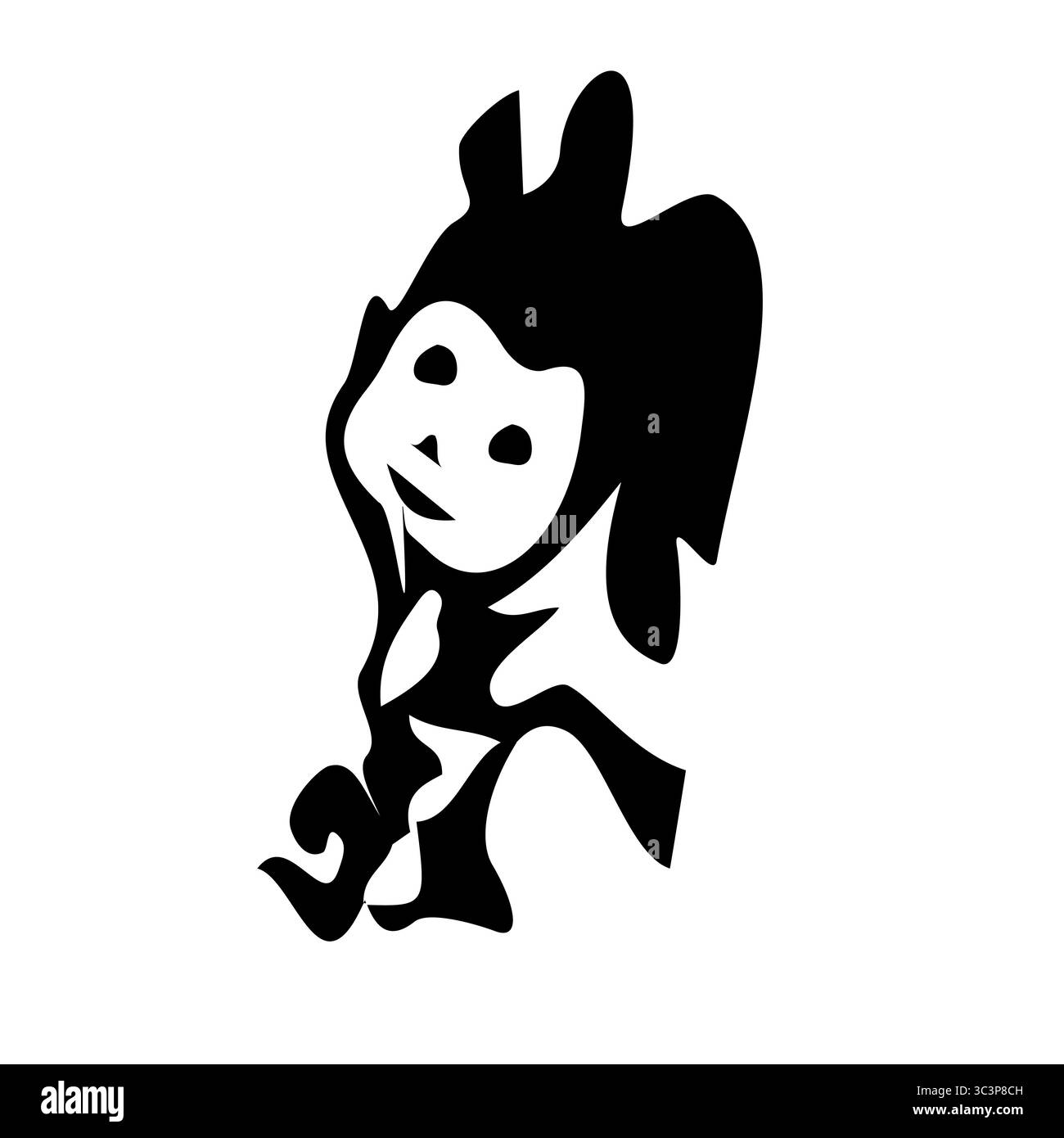 Un'audace silhouette in bianco e nero che raffigura una creatura simile a un imp, forse con il volto di una scimmia, con angoli netti, orecchie appuntite e una posa dinamica. Perf Illustrazione Vettoriale