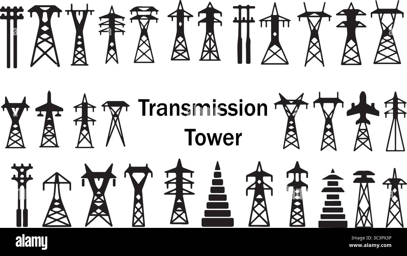 Raccolta di torri di trasmissione diverse per le infrastrutture energetiche e i concetti relativi alla rete elettrica Illustrazione Vettoriale Raccolta di torri di trasmissione diverse per le infrastrutture energetiche e i concetti relativi alla rete elettrica Illustrazione Vettoriale