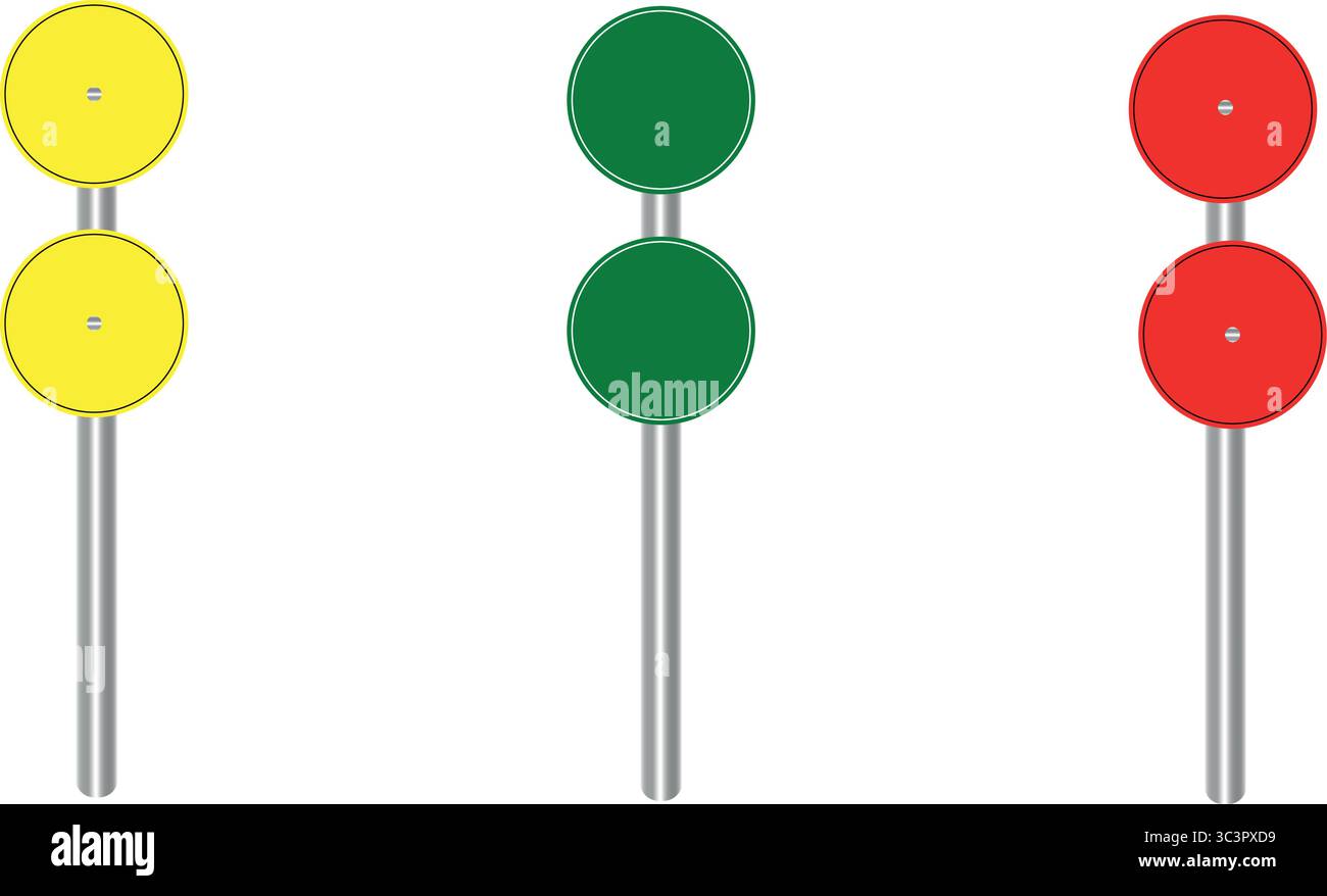 Segnali stradali che mostrano semafori gialli, verdi e rossi per la sicurezza di guida e il trasporto in città Illustrazione Vettoriale