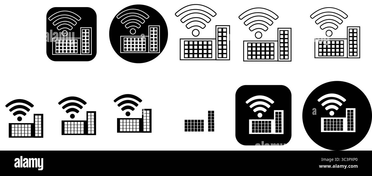 Set di icone di fabbrica intelligenti con segnale WiFi, che rappresenta l'industria moderna e l'innovazione tecnologica Illustrazione Vettoriale