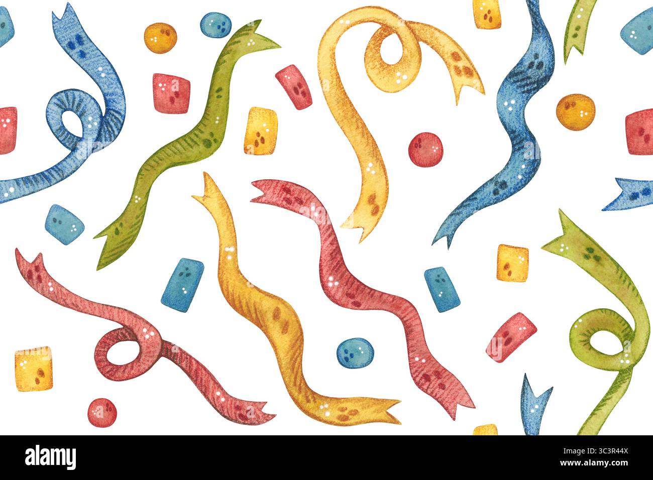 motivo senza cuciture di coriandoli e nastri colorati. Illustrazione ad acquerello, disegnata a mano, cartone animato. Disegno per adesivi, spazi vuoti, cartoline. Vacanze Foto Stock