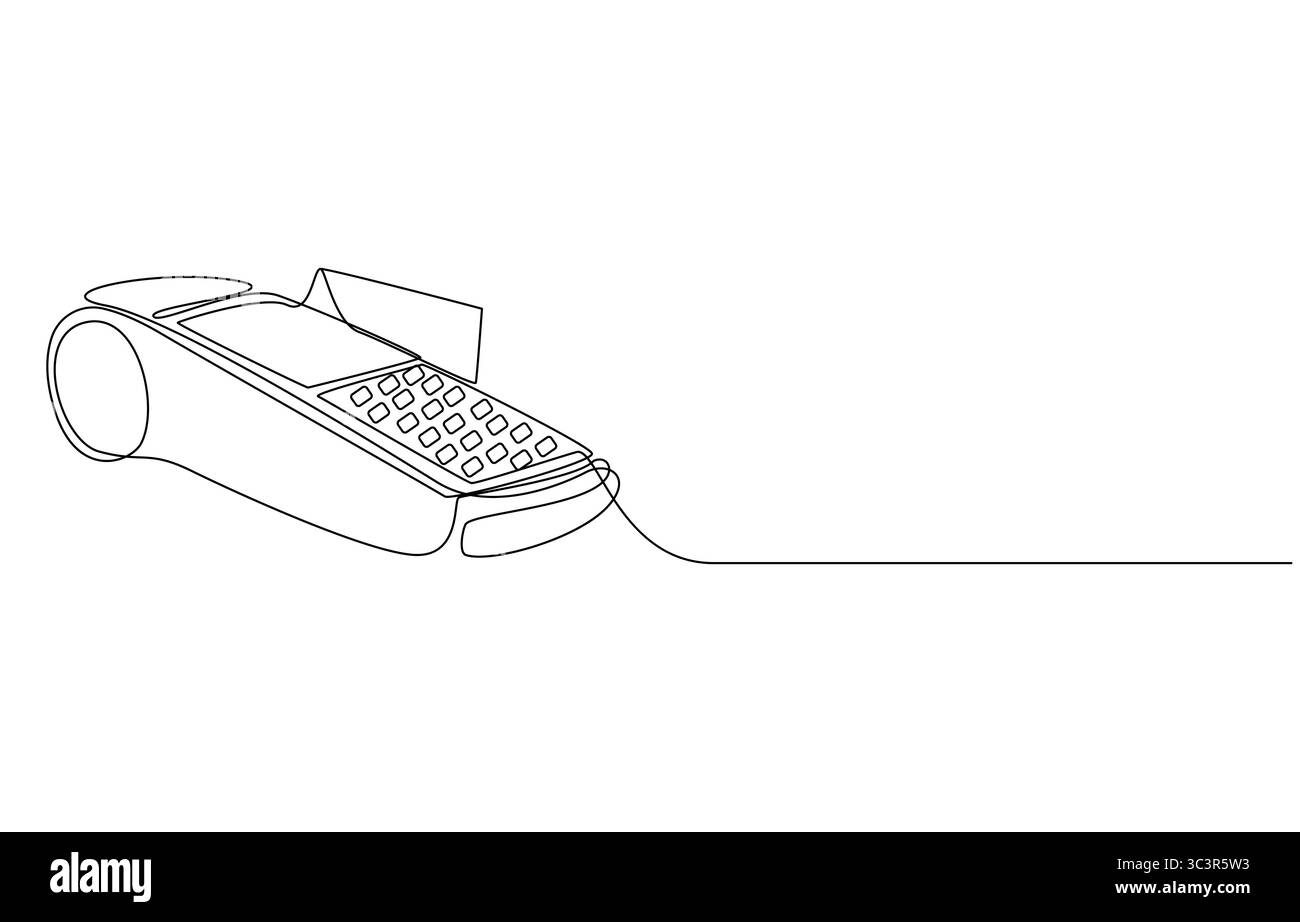 Terminale di pagamento Continuous Line Art, terminale POS Line ART, stampante per ricevute, concetto di disegno a una sola riga Illustrazione Vettoriale