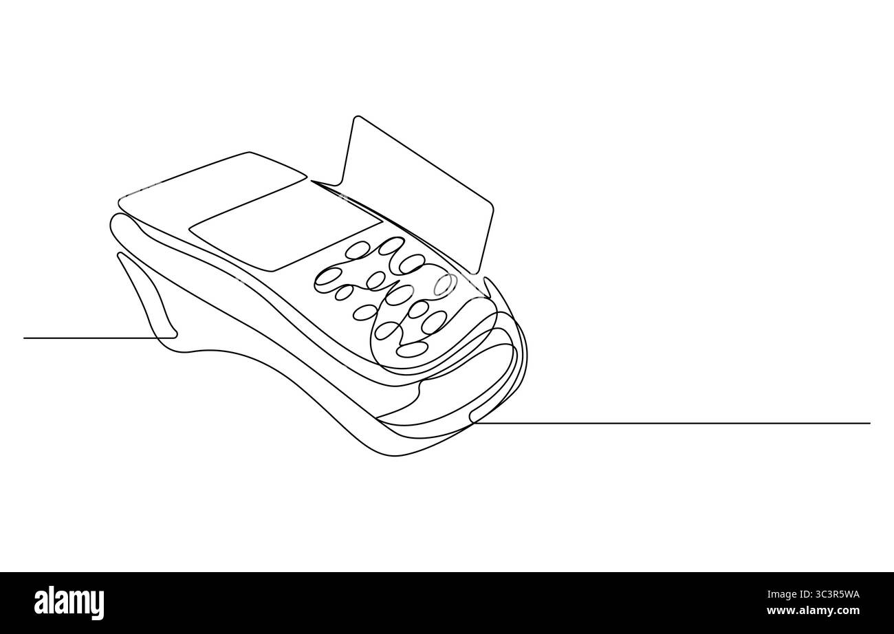 Terminale di pagamento Continuous Line Art, terminale POS Line ART, stampante per ricevute, concetto di disegno a una sola riga Illustrazione Vettoriale