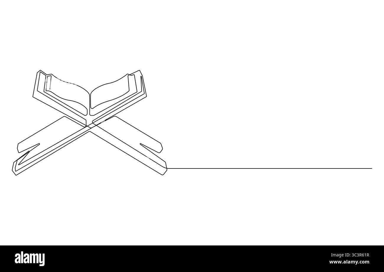 Corano aperto su un supporto Rehal, disegno a linea singola, Corano su Rehal Continuous Line Art, Illustrazione Vettoriale