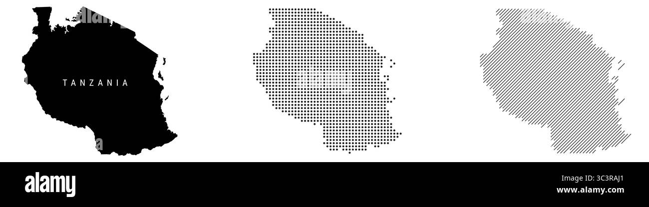 Mappa dettagliata della silhouette in Tanzania, motivo tratteggiato e motivo con linee parallele inclinate. Mappa stilizzata con texture tanzaniana. illustrazione isolata su bianco. Foto Stock