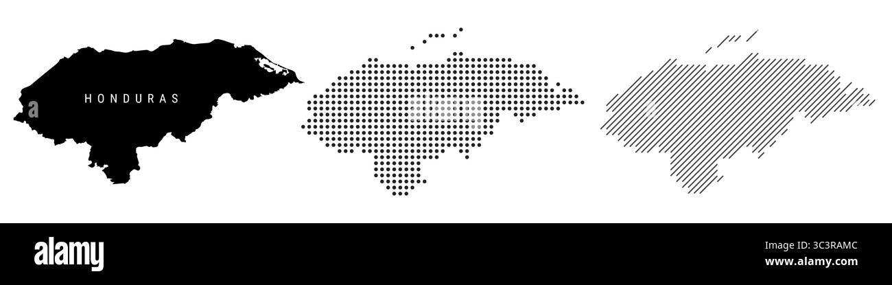 Mappa dettagliata della silhouette Honduras, motivo tratteggiato e motivo con linee parallele inclinate. Mappa stilizzata con texture honduregna. illustrazione isolata su bianco. Foto Stock