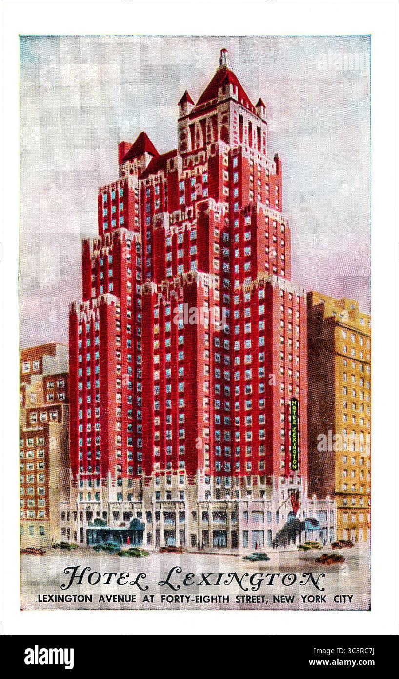 Cartolina d'epoca americana del Lexington Hotel all'angolo tra Lexington Avenue e la 48th Street a New York City. Foto Stock
