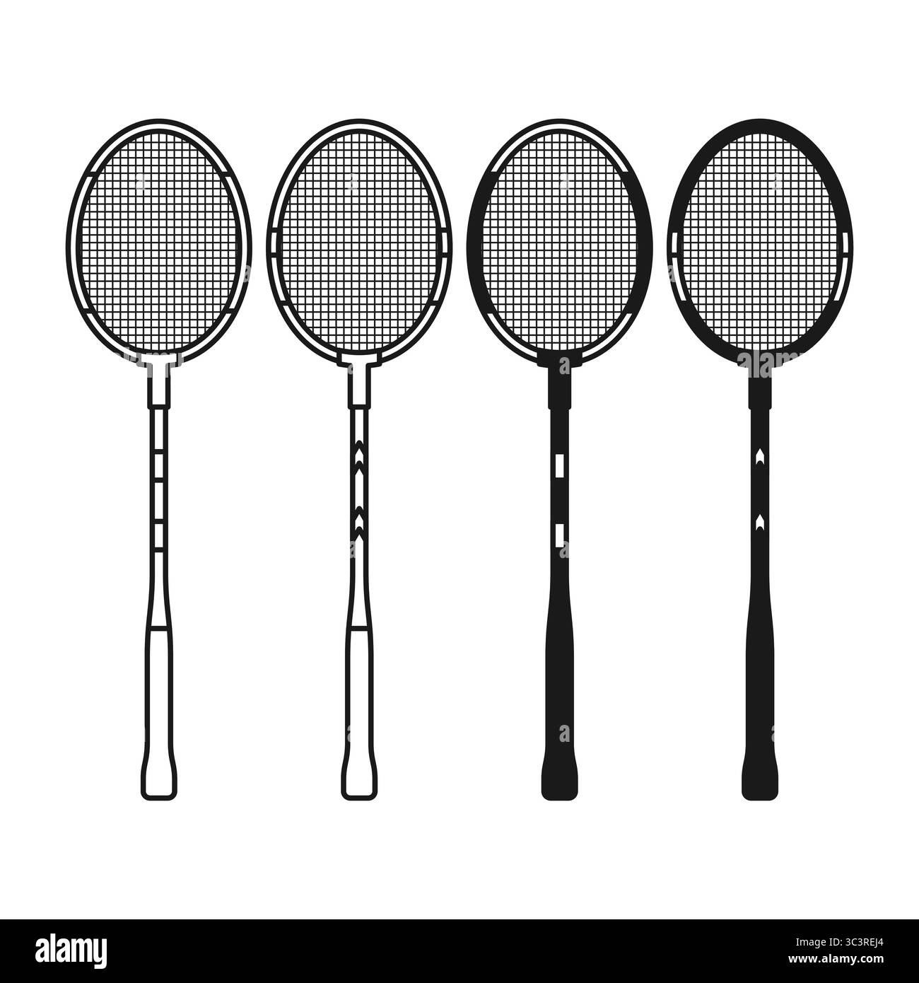 Semplice racchetta Badminton nera piatta e stile outline. Racchetta da badminton per attività sportive. Illustrazione Vettoriale