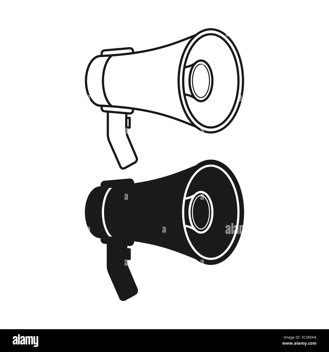 Altoparlante megafono nero piatto e stile contorno. Megafono per notizie e pubblicità. Semplice icona megafono. Illustrazione Vettoriale