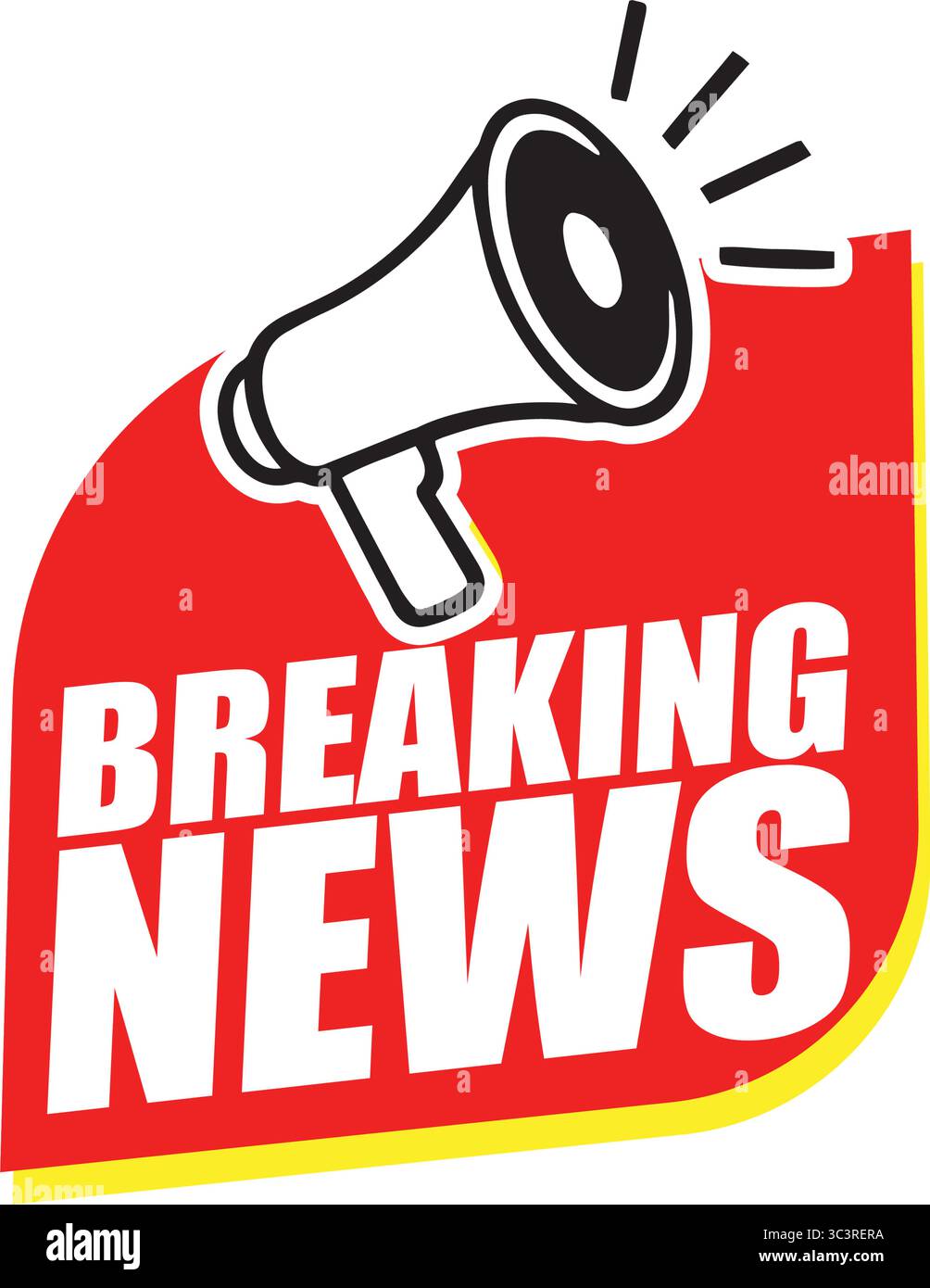 Striscione di notizie con Megaphone – etichetta di annuncio vettoriale per notizie urgenti, eventi e avvisi di lancio Illustrazione Vettoriale