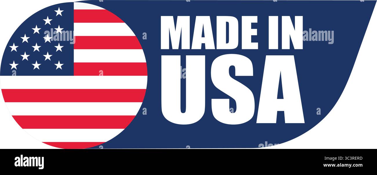 Etichetta Made in USA con bandiera – Design del badge vettoriale per il Paese di origine, l'esportazione e l'identificazione dell'imballaggio del prodotto Illustrazione Vettoriale