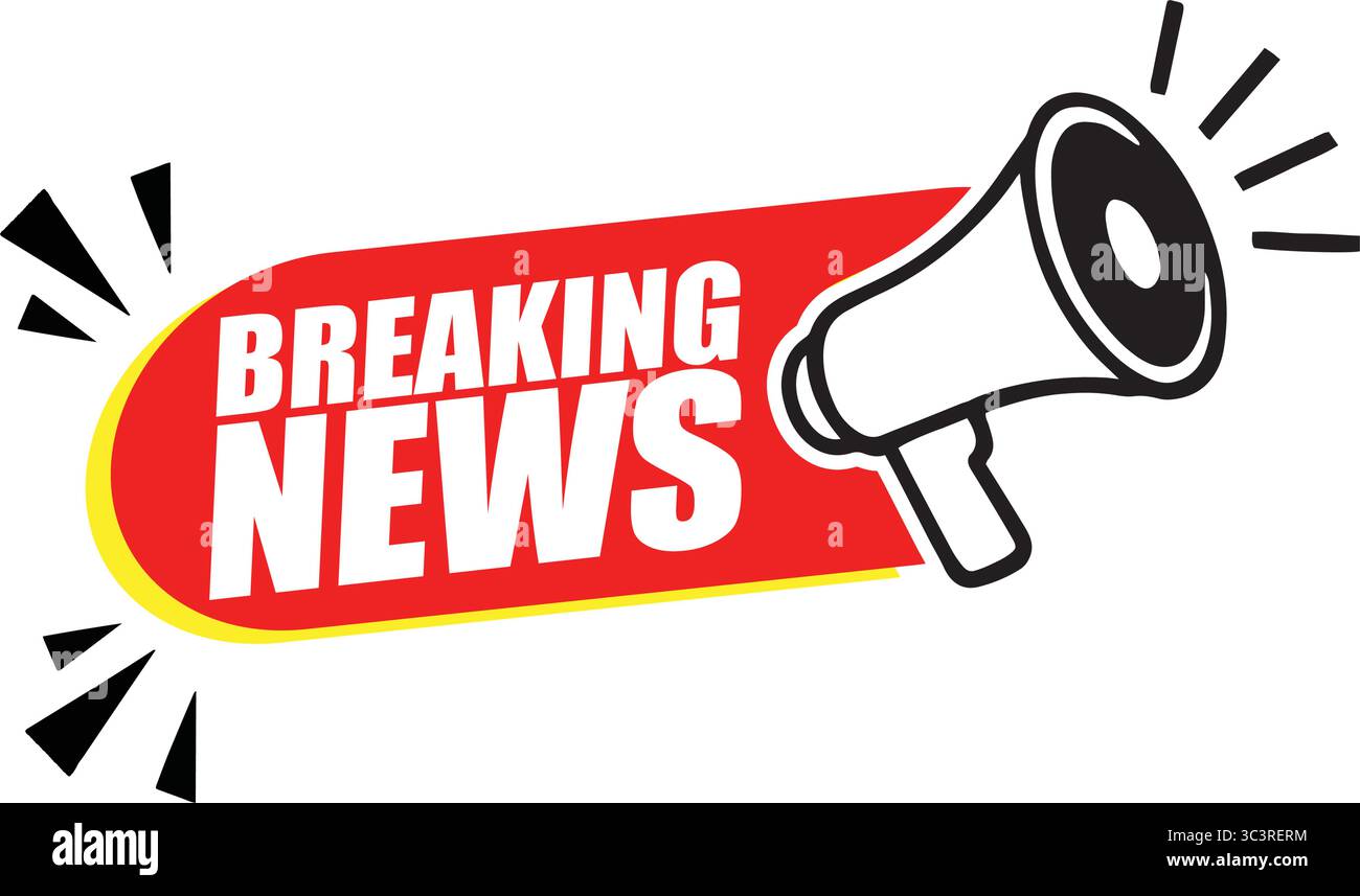 Striscione di notizie con Megaphone – etichetta di annuncio vettoriale per notizie urgenti, eventi e avvisi di lancio Illustrazione Vettoriale