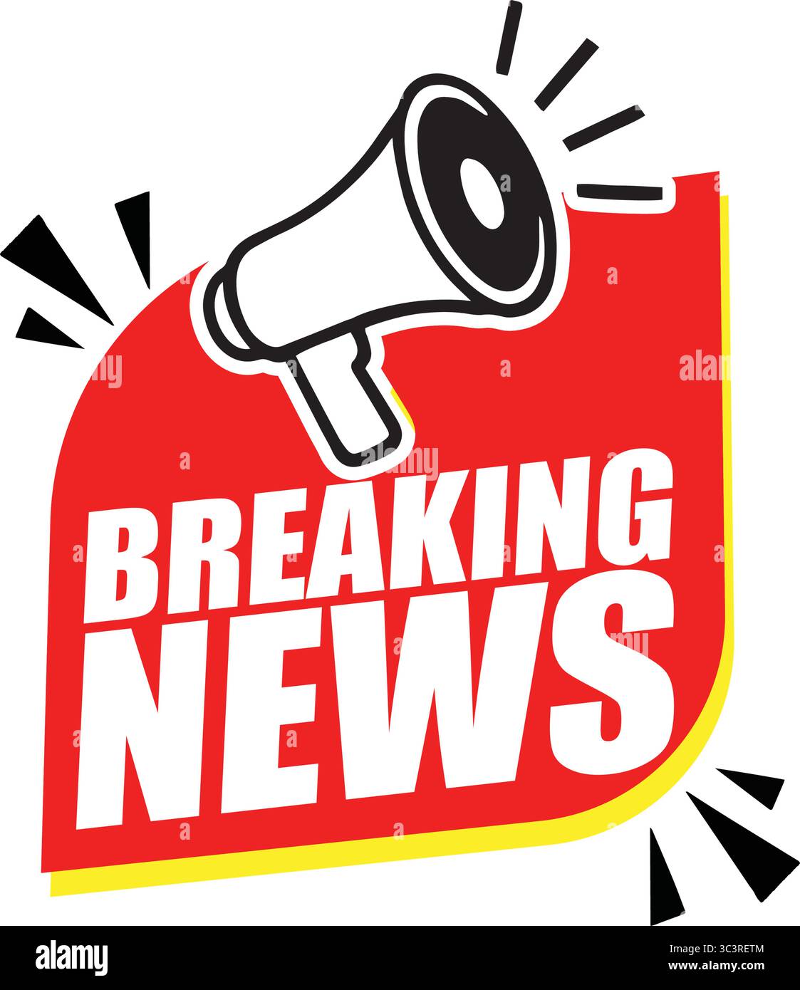 Striscione di notizie con Megaphone – etichetta di annuncio vettoriale per notizie urgenti, eventi e avvisi di lancio Illustrazione Vettoriale