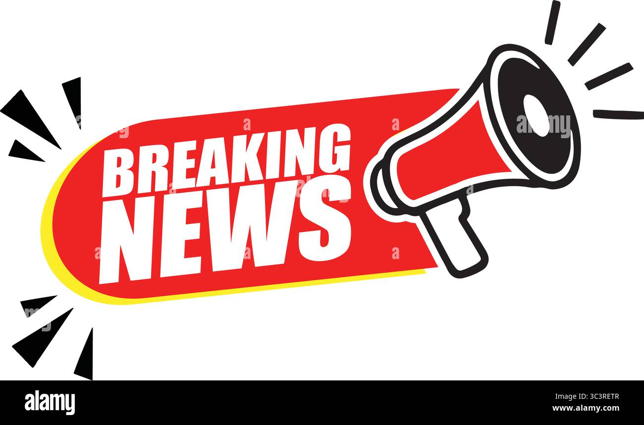Striscione di notizie con Megaphone – etichetta di annuncio vettoriale per notizie urgenti, eventi e avvisi di lancio Illustrazione Vettoriale