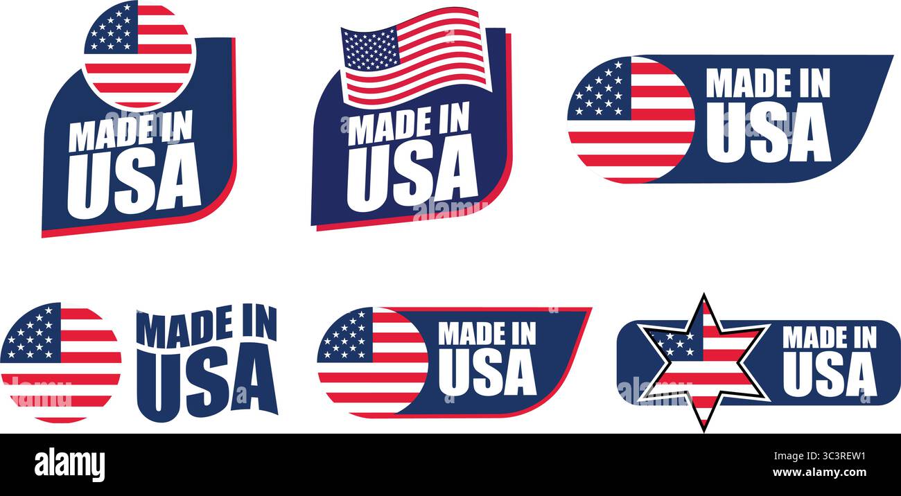 Etichetta Made in USA con bandiera – Design del badge vettoriale per il Paese di origine, l'esportazione e l'identificazione dell'imballaggio del prodotto Illustrazione Vettoriale