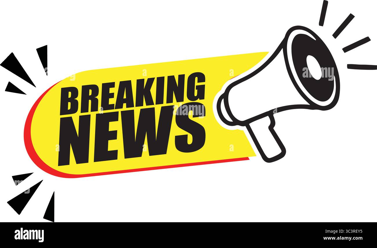 Striscione di notizie con Megaphone – etichetta di annuncio vettoriale per notizie urgenti, eventi e avvisi di lancio Illustrazione Vettoriale