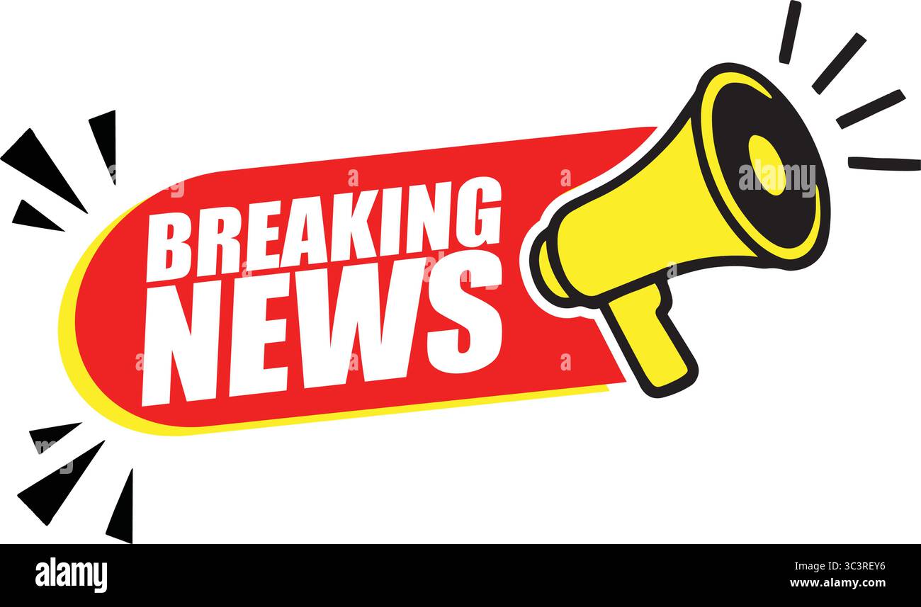 Striscione di notizie con Megaphone – etichetta di annuncio vettoriale per notizie urgenti, eventi e avvisi di lancio Illustrazione Vettoriale