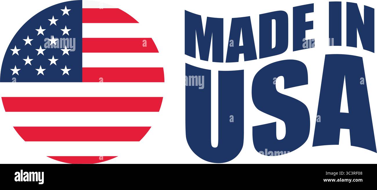 Etichetta Made in USA con bandiera – Design del badge vettoriale per il Paese di origine, l'esportazione e l'identificazione dell'imballaggio del prodotto Illustrazione Vettoriale