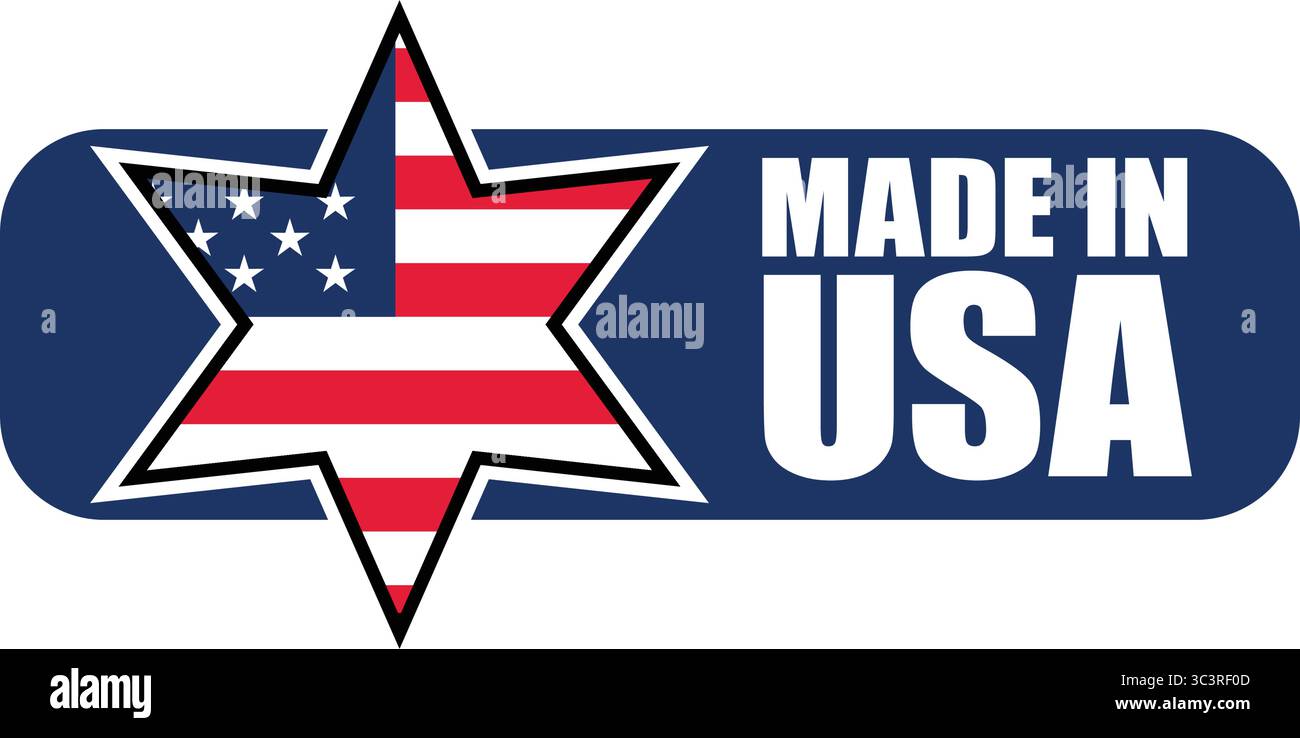Etichetta Made in USA con bandiera – Design del badge vettoriale per il Paese di origine, l'esportazione e l'identificazione dell'imballaggio del prodotto Illustrazione Vettoriale