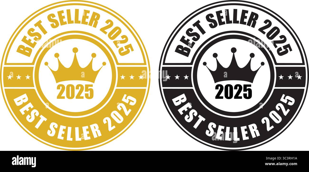 Timbro BEST seller 2025 – serie di icone con logo oro e nero di etichette BEST seller per il marketing dei prodotti premium Illustrazione Vettoriale