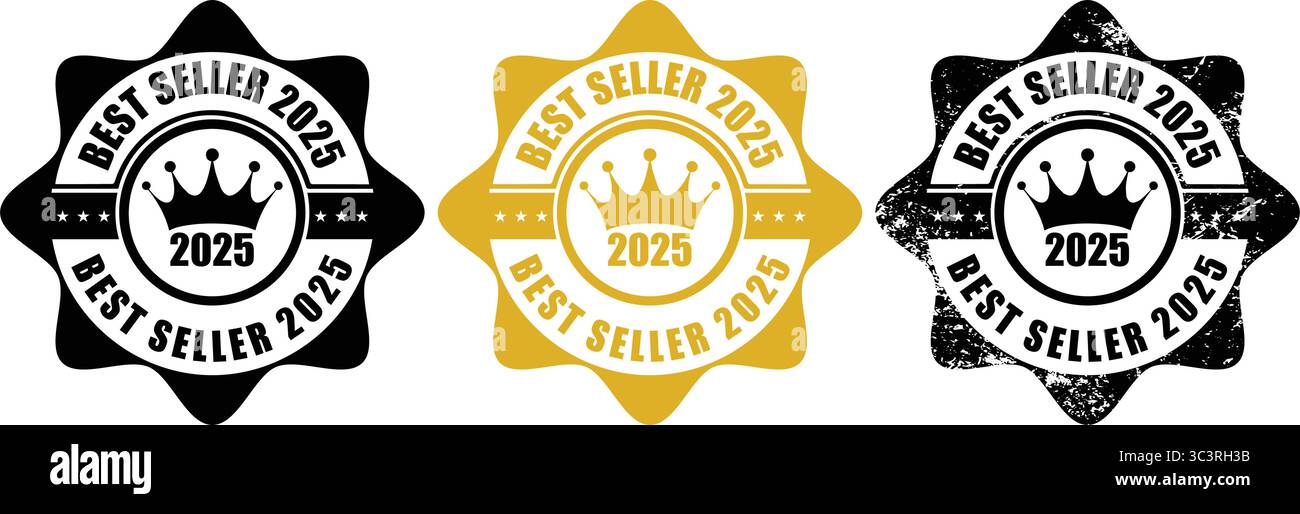 Timbro BEST seller 2025 – serie di icone con logo oro e nero di etichette BEST seller per il marketing dei prodotti premium Illustrazione Vettoriale