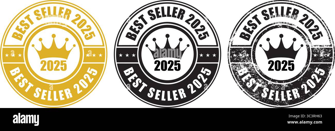 Timbro BEST seller 2025 – serie di icone con logo oro e nero di etichette BEST seller per il marketing dei prodotti premium Illustrazione Vettoriale