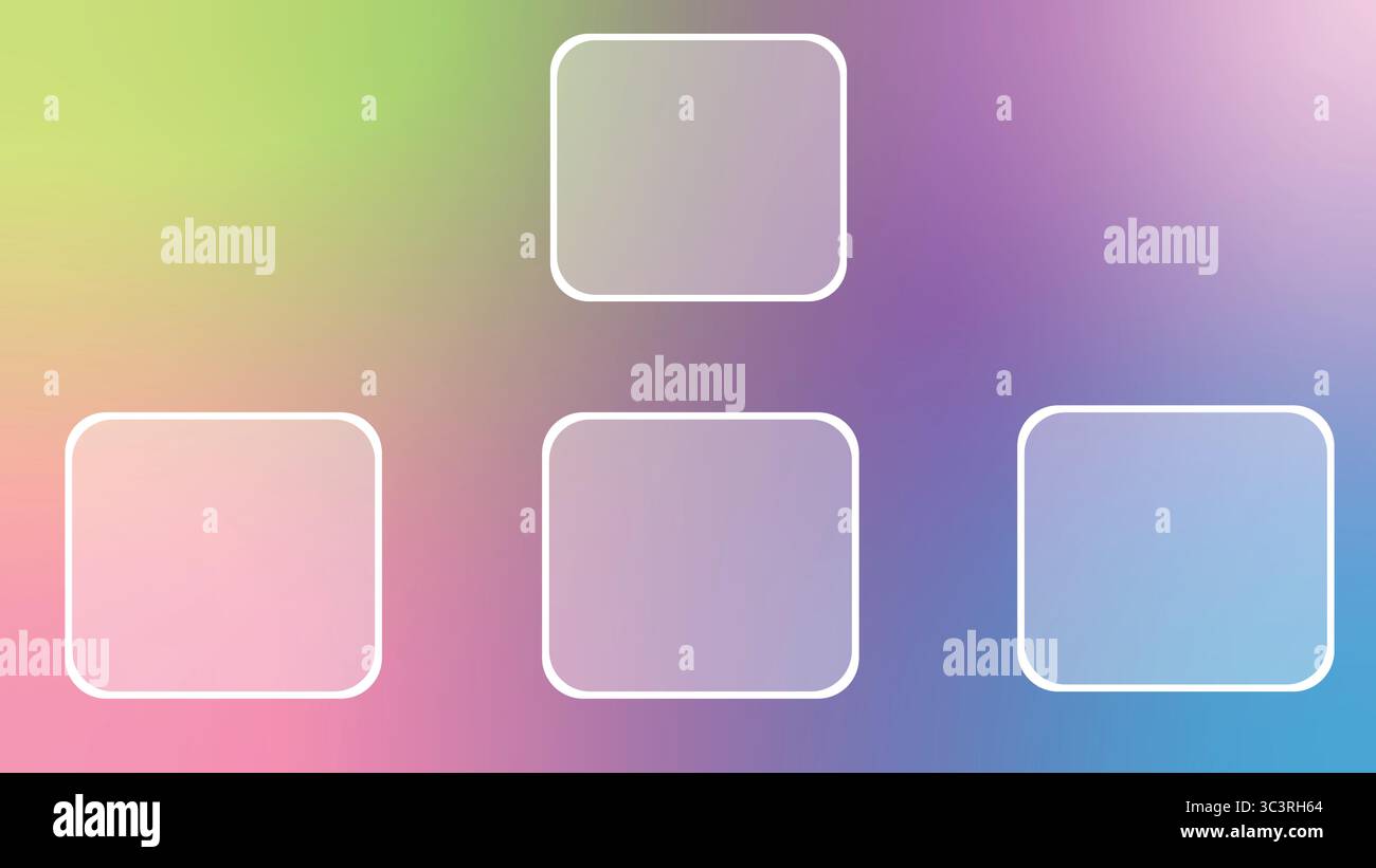 Quattro caselle arrotondate trasparenti che formano un semplice layout gerarchico su un vivace sfondo a gradiente pastello per organigramma Illustrazione Vettoriale