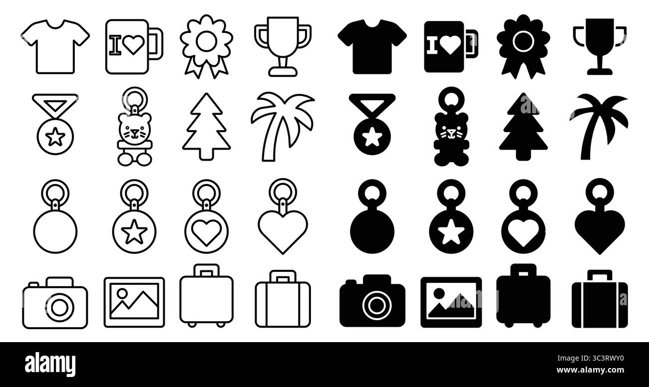 Questa collezione presenta semplici icone in bianco e nero, tra cui premi, medaglie, oggetti divertenti e simboli della natura, perfetto per qualsiasi progetto creativo. Illustrazione Vettoriale