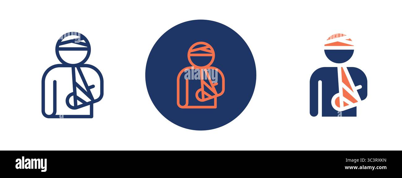 Un uomo con un getto sul braccio viene mostrato in tre posizioni diverse. Il primo uomo tiene il braccio in alto, il secondo tiene il braccio in basso, e la t Illustrazione Vettoriale