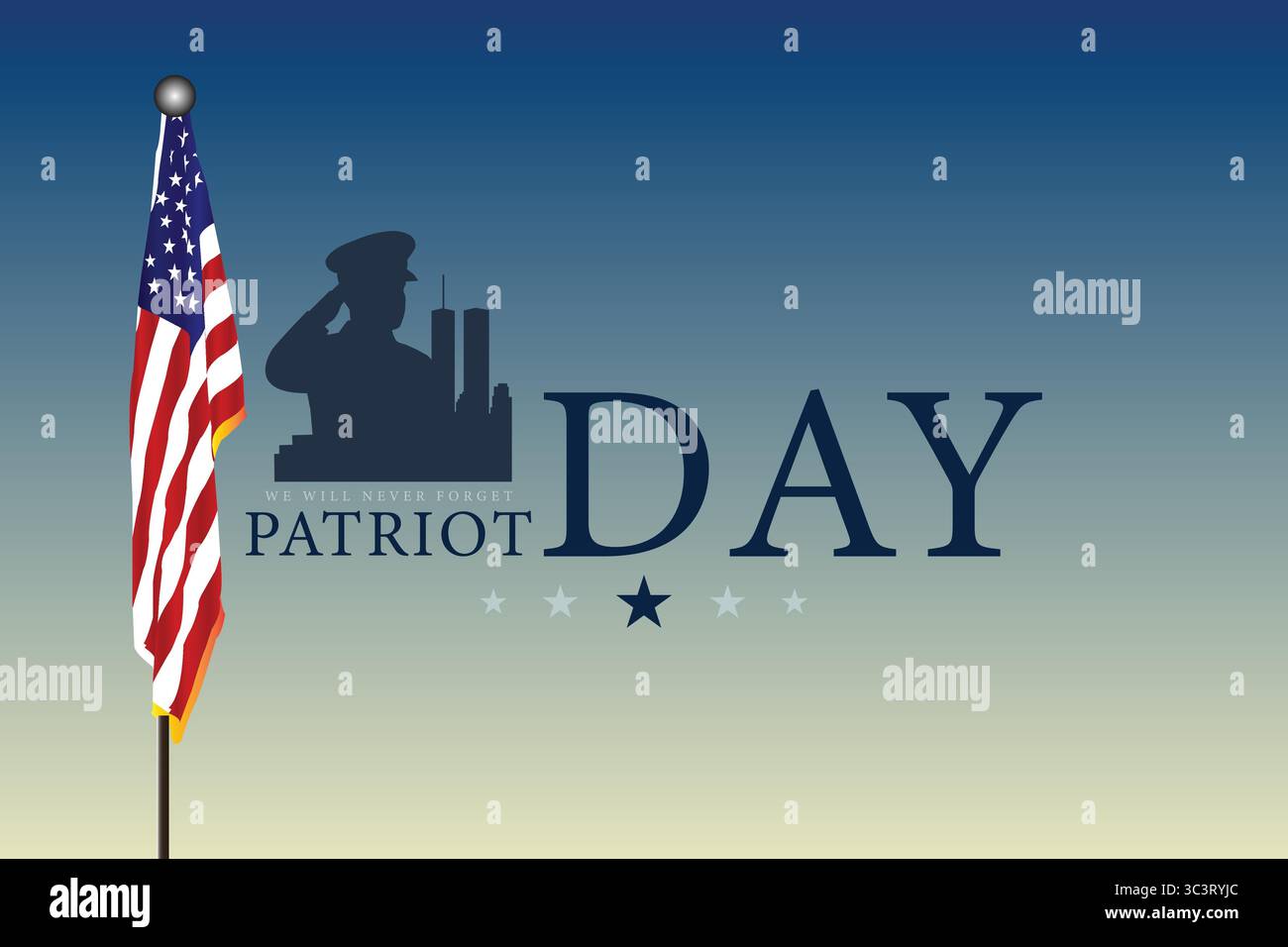 Non dimenticheremo mai poster con Stars American Flag e Memorial Light Beams Illustrazione Vettoriale