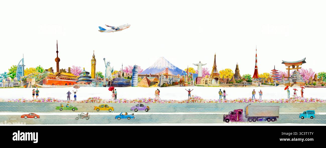 Viaggia in giro per il mondo con persone, aereo e guida un'auto. Famosi luoghi di interesse del mondo con il paesaggio urbano. Dipinti di paesaggio ad acquerello illustrazione di wa Foto Stock